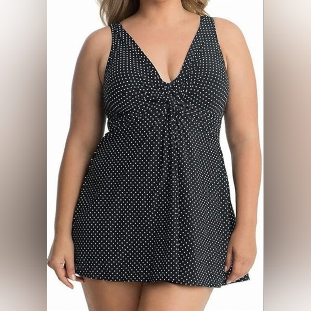 Miraclesuit Marina Swim Dress Polka Dot Black Womens Size 20W Plus